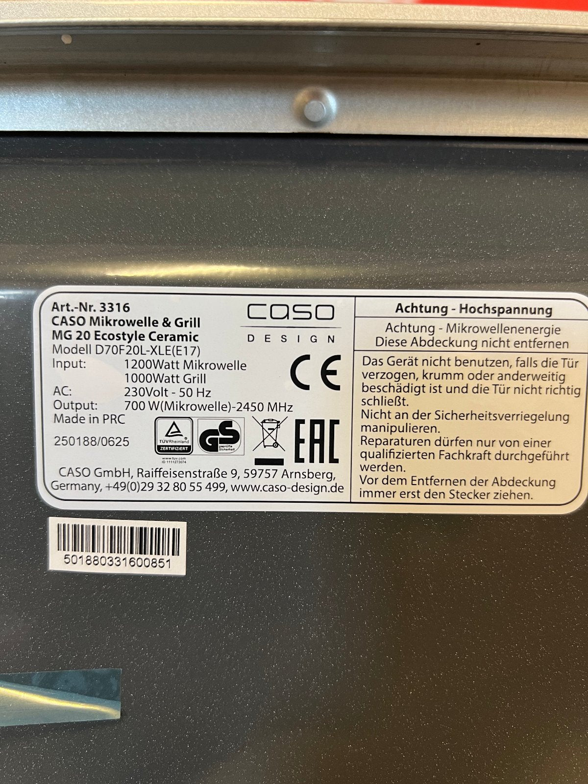 CASO MG 20 Ecostyle Mikrowelle mit Grill 700W Silber – B-Ware