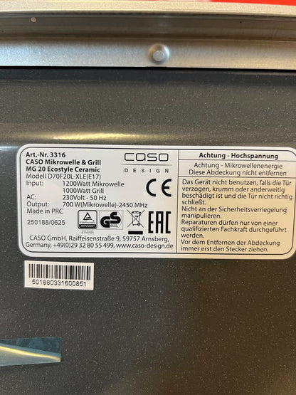 CASO MG 20 Ecostyle Mikrowelle mit Grill 700W Silber – B-Ware